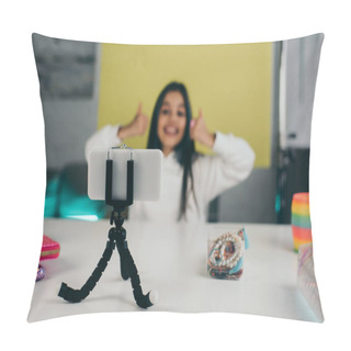 Personality  Selective Focus Of Smartphone On Holder Near Beaded Bracelets And Blurred Video Blogger Showing Thumbs Up Pillow Covers