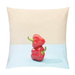 Personality  Fresh Red Bell Peppers On Blue Surface Isolated On Beige Pillow Covers