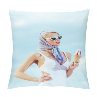 Personality  Elegant Girl In Retro Swimsuit And Trendy Sunglasses Holding Sweet Ice Cream Outdoors Pillow Covers