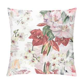 Personality  Watercolor Different Flowers On Background White Openwork. Orchid And Lily On White Background. Seamless Pattern  For Decorations. Pillow Covers
