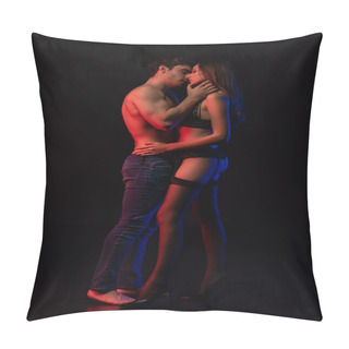 Personality  Side View Of Undressed Sexy Young Couple Kissing And Hugging In Red Light Isolated On Black Pillow Covers