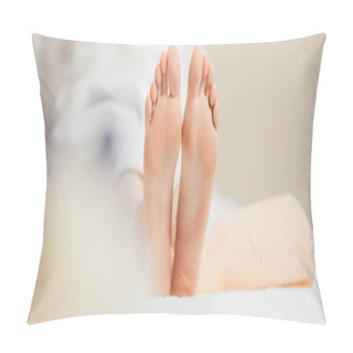 Personality  Panoramic Shot Of Adult Woman Lying On Beige Towel In Spa  Pillow Covers