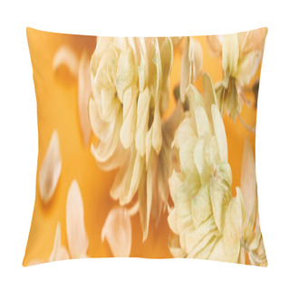 Personality  Close Up View Of Dry Hop Seed Cones Near Petals On Yellow, Panoramic Shot Pillow Covers