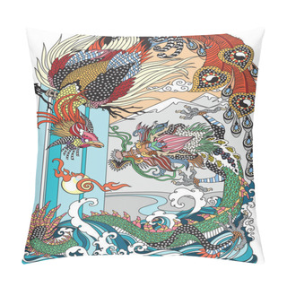 Personality  Jade Green Dragon And Gold Phoenix Feng Huang Playing A Pearl. Two Celestial Mythological Creatures. Vector Illustration Inspired By A Chinese Folklore Legend Or Myth, Tale Pillow Covers