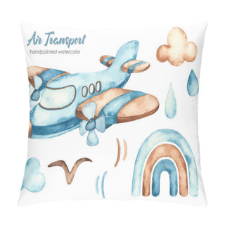 Personality  Airplane, Rainbow, Rain, Clouds, Bird. Watercolor Clipart Air Transport Pillow Covers