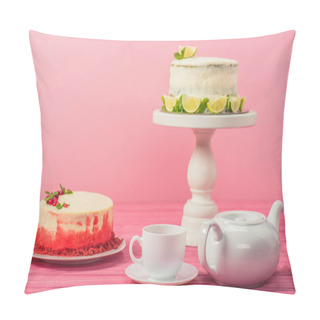 Personality  Cakes Decorated With Currants, Mint Leaves And Lime Slices Near Cup And Tea Pot Isolated On Pink Pillow Covers