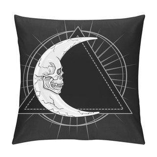Personality  The Fantastic Moon, In The Form Of A Human Skull. Esoteric Symbol, Sacred Geometry. The Monochrome Drawing Isolated On A Dark Gray Background. Vector Illustration. Print, Posters, T-shirt, Textiles. Pillow Covers