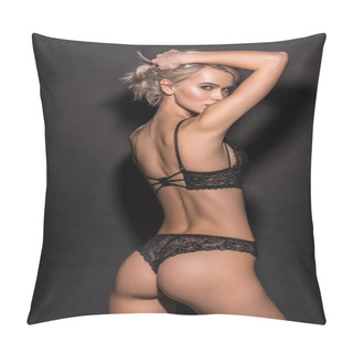 Personality  Back View Of Beautiful Sexy Girl In Lace Lingerie Looking At Camera And Posing On Black Pillow Covers