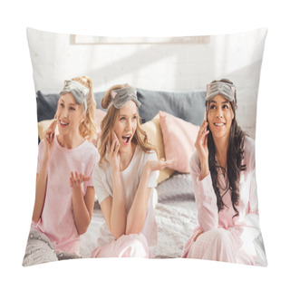 Personality  Beautiful Multicultural Girls In Sleeping Masks Sitting On Bed And Talking On Smartphones During Pajama Party Pillow Covers