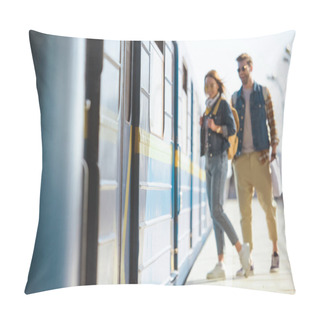 Personality  Stylish Couple Of Travelers Waiting To Come Into Train At Outdoor Subway Station  Pillow Covers