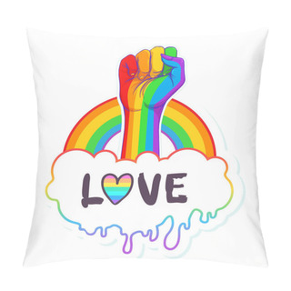 Personality  Rainbow Colored Hand With A Fist Raised Up. Gay Pride. LGBT Concept. Realistic Style Vector Colorful Illustration. Sticker, Patch, T-shirt Print, Logo Design. Pillow Covers