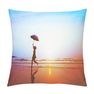 Personality  Silhouette Of Happy Carefree Girl With Umbrella Jumping On The Beach At Sunset, Freedom And Joy Concept Pillow Covers