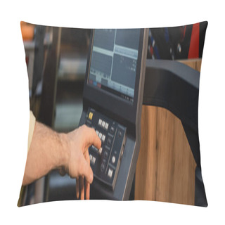 Personality  Cropped View Of Man Pressing Button On Panel Near Monitor In Print Center, Banner  Pillow Covers