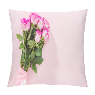 Personality  Flat Lay. Step By Step. Florist Arranging A Bouquet From Pink Roses. Pillow Covers