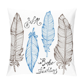 Personality  Hand Drawn Bird Feathers Closeup Isolated On White Pillow Covers