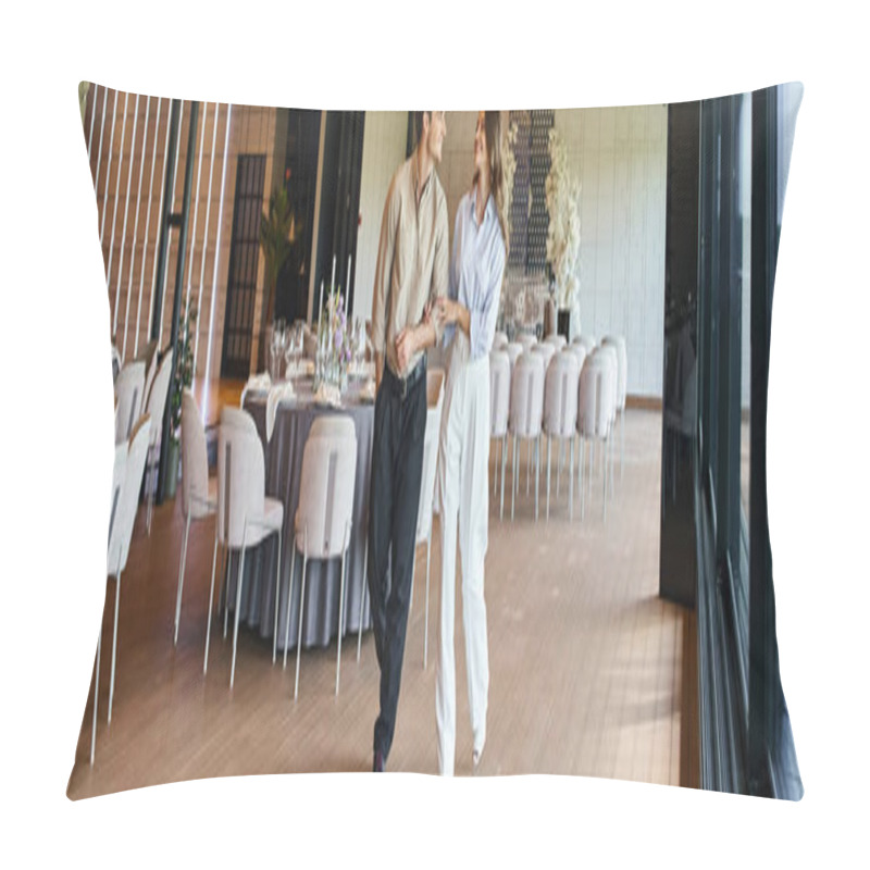 Personality  Happy Couple Walking Along Wedding Venue With Decorated Tables, Special Day Preparation, Banner Pillow Covers
