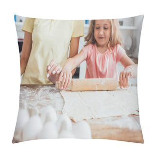 Personality  Cropped View Of Mother Near Daughter Rolling Out Dough On Table Scattered With Flour Pillow Covers