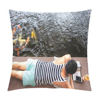Personality  Man Reading A Book And Relaxing On The Fish Pond At Home.Chill Out With Japanese Carp In Freshwater At Weekend.Stay At Home,Work From Home While Corona Virus (Covid-19).Copy Space Blank For Text. Pillow Covers