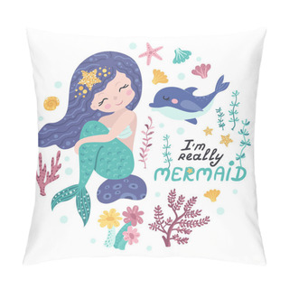 Personality  Poster With Mermaid, Sea Animals And Lettering Pillow Covers