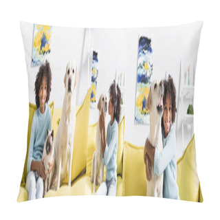 Personality  Collage Of Smiling African American Girl Sitting Near Dog And Cat, Embracing And Kissing Labrador At Home, Banner Pillow Covers