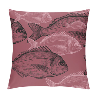 Personality  Animals Under Water. Seamless Vector Pattern. Black And Pink Fish  On Red Background. Vintage Engraving Art. Hand Drawing Sketch. Kitchen Design With Seafood For Paper, Wrapping, Fabrics. Pillow Covers