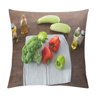Personality  Top View Of Fresh Vegetables On Cloth Napkin Near Bottles With Oil On Kitchen Table Pillow Covers