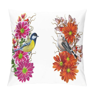 Personality  Set. Autumn Composition. Flower Arrangement Of Chrysanthemums. Red, Crimson Flowers, Autumn Leaves. Weaving Thin Branches. Small Colorful Bird Tit. Pillow Covers