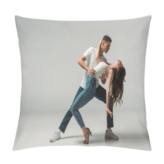 Personality  Dancers In Denim Jeans Dancing Bachata On Grey Background  Pillow Covers