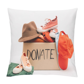 Personality  Cardboard Box With Donated Accessories, Clothes And Footwear Isolated On White, Charity Concept Pillow Covers