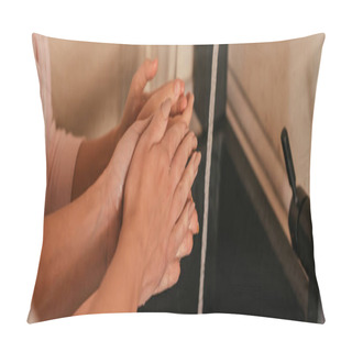 Personality  Cropped View Of Mother And Daughter Washing Hands At Home, Panoramic Orientation Pillow Covers