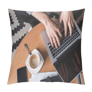 Personality  Cropped Shot Fo Man Using Laptop On Coffee Table Pillow Covers
