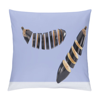 Personality  Sliced Fresh Delicious  Aubergines In The Air Above White Surface Isolated On Blue Pillow Covers