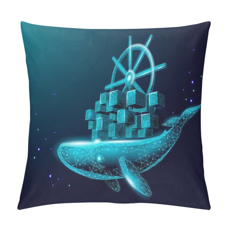 Personality  Whale And Container Computer Docker Developer App Concept. Business Digital Open Source Program. Data Coding Steering 3D Low Polygonal Vector Line Illustration Pillow Covers