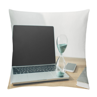Personality  Hourglass On Laptop With Blank Screen Near Smartphone And Notebook On Table In Office  Pillow Covers