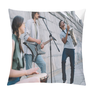 Personality  Street Musicians Band Performing With Guitar, Drum And Saxophone On Sunny City Street Pillow Covers