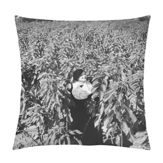 Personality  Woman Standing In Field Of Tall Poinsettia Plants Pillow Covers