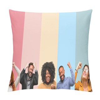 Personality  Cool Group Of People, Woman And Man Happy And Excited Expressing Winning Gesture. Successful And Celebrating Victory, Triumphant Pillow Covers