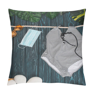 Personality  Top View Of Stripped Swimsuit Near Sunglasses, Medical Mask And Pebbles On Dark Wooden Surface Pillow Covers