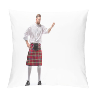 Personality  Serious Scottish Redhead Man In Red Kilt On White Background Pillow Covers