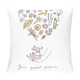 Personality  Perfume Recipe, Bottle And Ingredients. Doodle Vector Illustration. Simple Hand Drawn Style. Pillow Covers