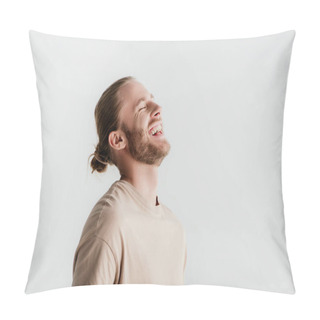 Personality  Happy Young Handsome Man In Beige Outfit Laughing Isolated On White Pillow Covers