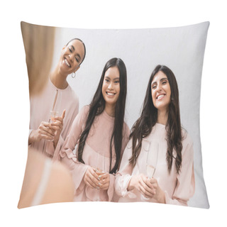 Personality  Special Occasion, Wedding Preparations, Happy Multicultural Bridesmaids With Glasses Of Champagne Looking At Bride On Grey Background, Admire Her Style, Fitting, Bridesmaid Gowns, Diversity, Blurred Pillow Covers
