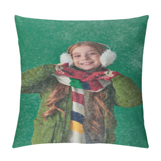 Personality  Positive Kid In Ear Muffs, Striped Scarf And Winter Attire Standing Under Falling Snow On Turquoise Pillow Covers