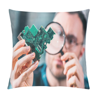 Personality  Close-up View Of Man Looking At Circuit Board Through Magnifying Glass Pillow Covers