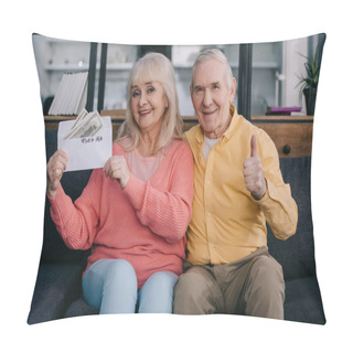 Personality  Senior Couple Showing Thumb Up Sign While Holding Envelope With 'roth Ira' Lettering And Dollar Banknotes Pillow Covers