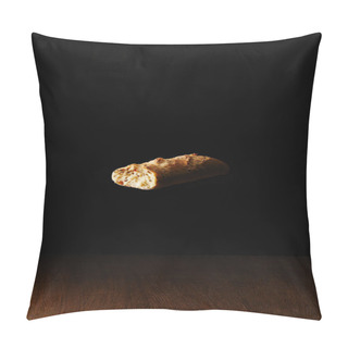 Personality  Piece Of Wholegrain Bread Flying Above Wooden Table Surface Pillow Covers