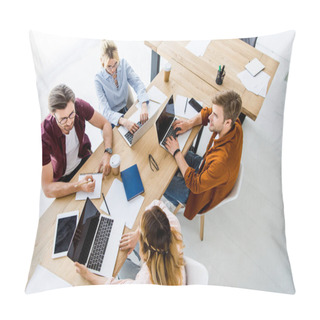 Personality  High Angle View Of Colleagues Working On Startup Project In Office With Laptops Pillow Covers