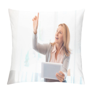 Personality  Pretty Blonde Woman Using Digital Tablet And Pointing With Finger Pillow Covers