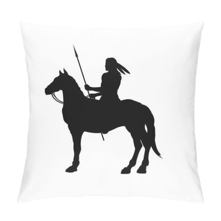 Personality  Black Silhouette Of Indian On Horse. Isolated Image Of Western Rider With Spear. American Landscape Pillow Covers