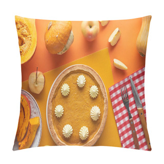 Personality  Tasty Pumpkin Pie With Whipped Cream Near Baked And Raw Pumpkins, Whole And Cut Apples, Fork And Knife On Orange Surface Pillow Covers